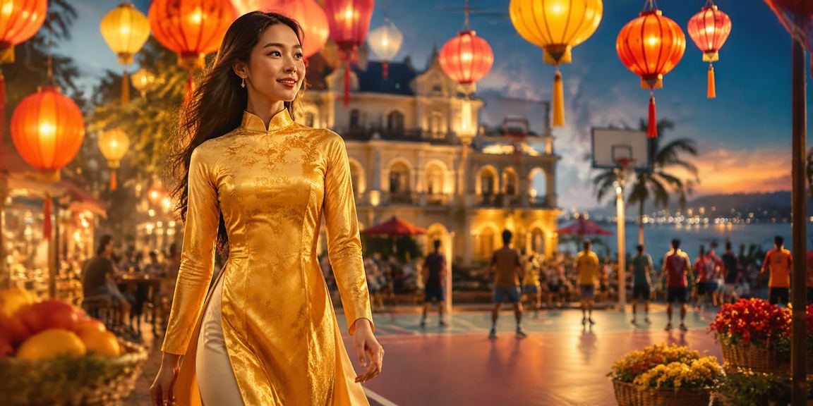 Khung cảnh Đà Lạt với bóng rổ và giao diện cá cược thể thao hiện đại